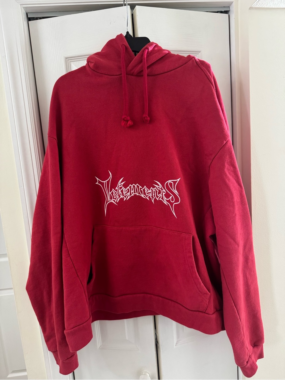 Vetements Red Hoodie with White Embroidered Logo